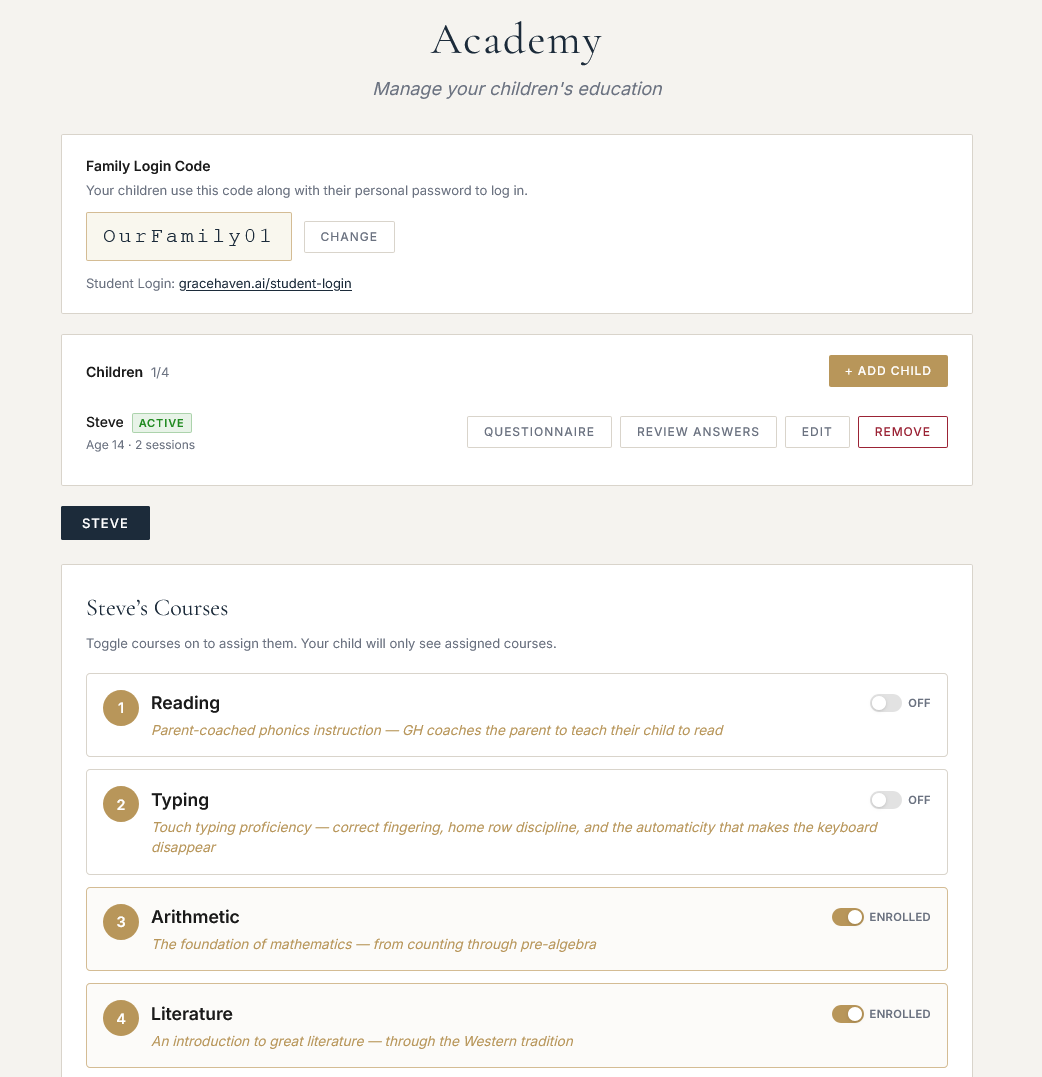 The GraceHaven Academy parent dashboard: family login code, a child roster with questionnaire and edit controls, and a course list with toggles to assign subjects to each child